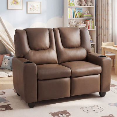 2-Seater Kids Recliner Double Toddler Sofa Chair with 2 Cup Holders-Brown