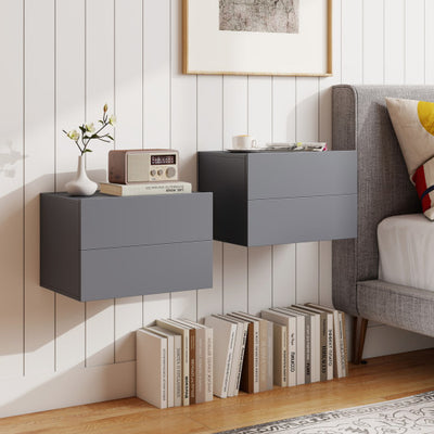 2 Storage Drawers Wall Mounted Floating Nightstand for Bedroom-Gray