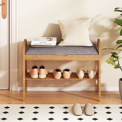 2-Tier Bamboo Shoe Bench with Storage and Padded Cushion-Gray