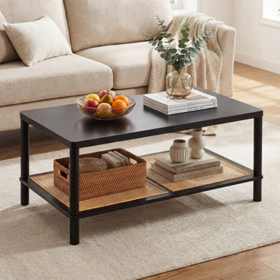 2-Tier Boho Coffee Table for Living Room Rectangular Center Table with Rubber Wood Frame and PVC Rattan Storage Shelf-Black