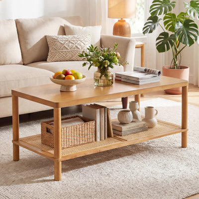 2-Tier Boho Coffee Table for Living Room Rectangular Center Table with Rubber Wood Frame and PVC Rattan Storage Shelf-Rustic Brown