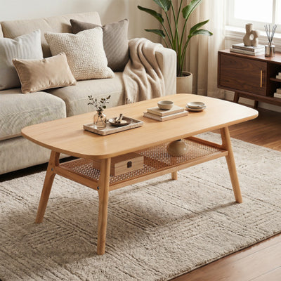 2-Tier Boho Rattan Coffee Table with Rounded Corners-Natural