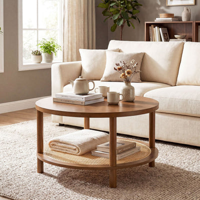 2-Tier Boho Round Rattan Coffee Table with Storage Shelf-Walnut
