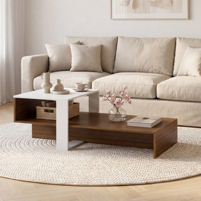 2-Tier Coffee Table Modern Irregular Center Table with Open Storage Shelf-White & Brown