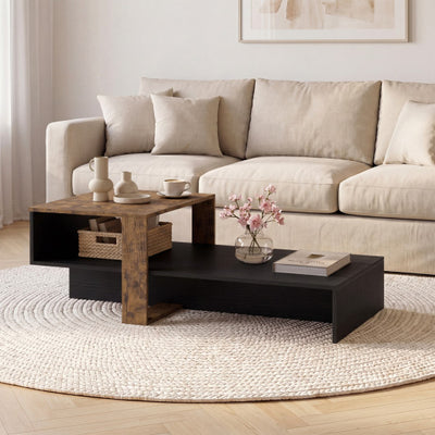 2-Tier Coffee Table Modern Irregular Center Table with Open Storage Shelf-Black & Brown