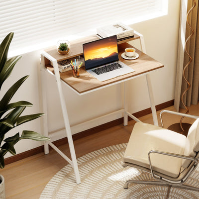 2 Tier Computer Desk PC Laptop Table Study Writing Home Office Workstation New-Natural