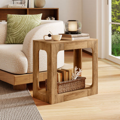 2-Tier End Table with Storage Shelf for Living Room-Oak