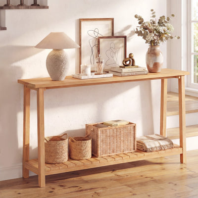 2-Tier Farmhouse Sofa Table with Teak Wood Frame and Storage Shelf