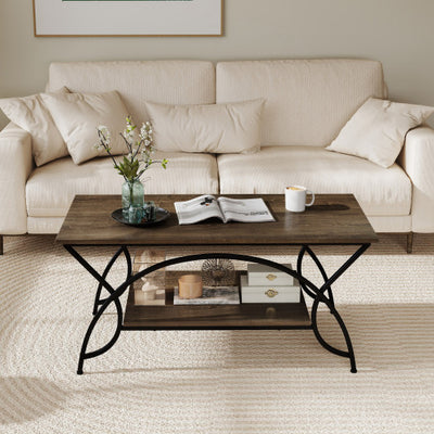 2-Tier Faux Marble Coffee Table with Marble Top and Metal Frame-Oak