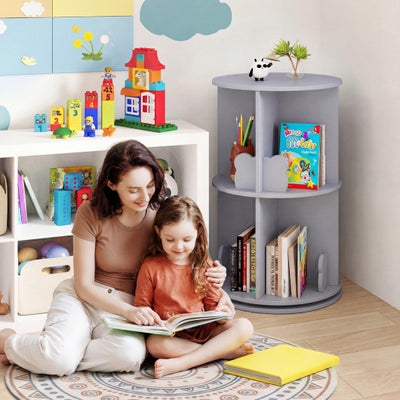 2 Tier Freestanding Kids Rotating Bookshelf Storage Rack with Bear Baffles-Gray