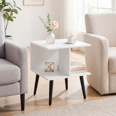 2-Tier Mid Century Modern End Table with 2 Compartments and Metal Legs-White