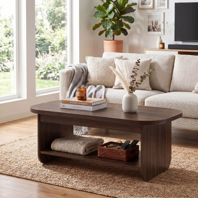 2-Tier Oval Coffee Table for Living Room Mid Century Center Table with Bottom Storage Shelf-Walnut