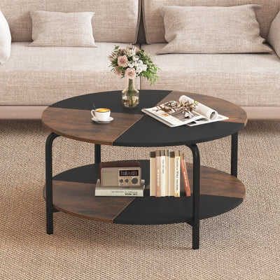 2-Tier Round Coffee Table Metal Frame with Storage Shelf-Rustic Brown