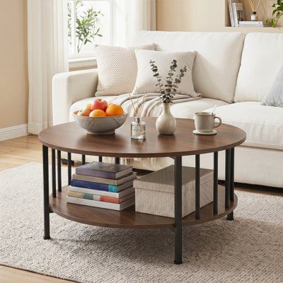 2-Tier Round Coffee Table with Storage Shelf and Metal Accents in Black Walnut-Walnut