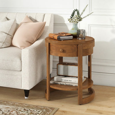 2-Tier Round End Table Mid Century Modern Nightstand Set of 2-Oak
