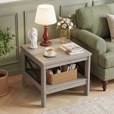 2-Tier Square Side Table with Storage Shelf and X-Frame for Bedroom Living Room-Oak