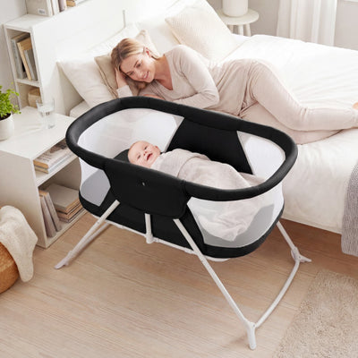 2 in 1 Baby Bassinet with Rocking Motion Foldable Bedside Sleeper with Breathable Mesh-Black