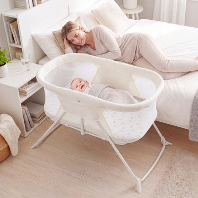2 in 1 Baby Bassinet with Rocking Motion Foldable Bedside Sleeper with Breathable Mesh-Beige