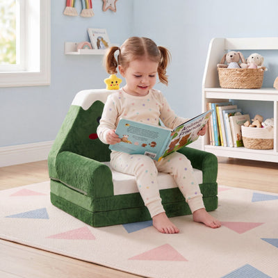 2-in-1 Convertible Kids Sofa to Lounger with Christmas Patterns-Green