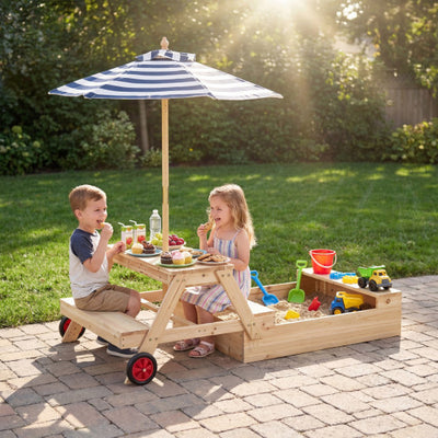2-in-1 Wooden Sandbox with Foldable Umbrella and Convertible Picnic Table-Blue