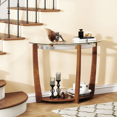 2-tier Tempered Glass Console Table with Clear Glass Top and Open Shelf-Walnut