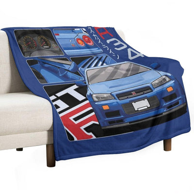 Skyline GTR R34 Blue Drawing Vector Travel-friendly Throw Blanket