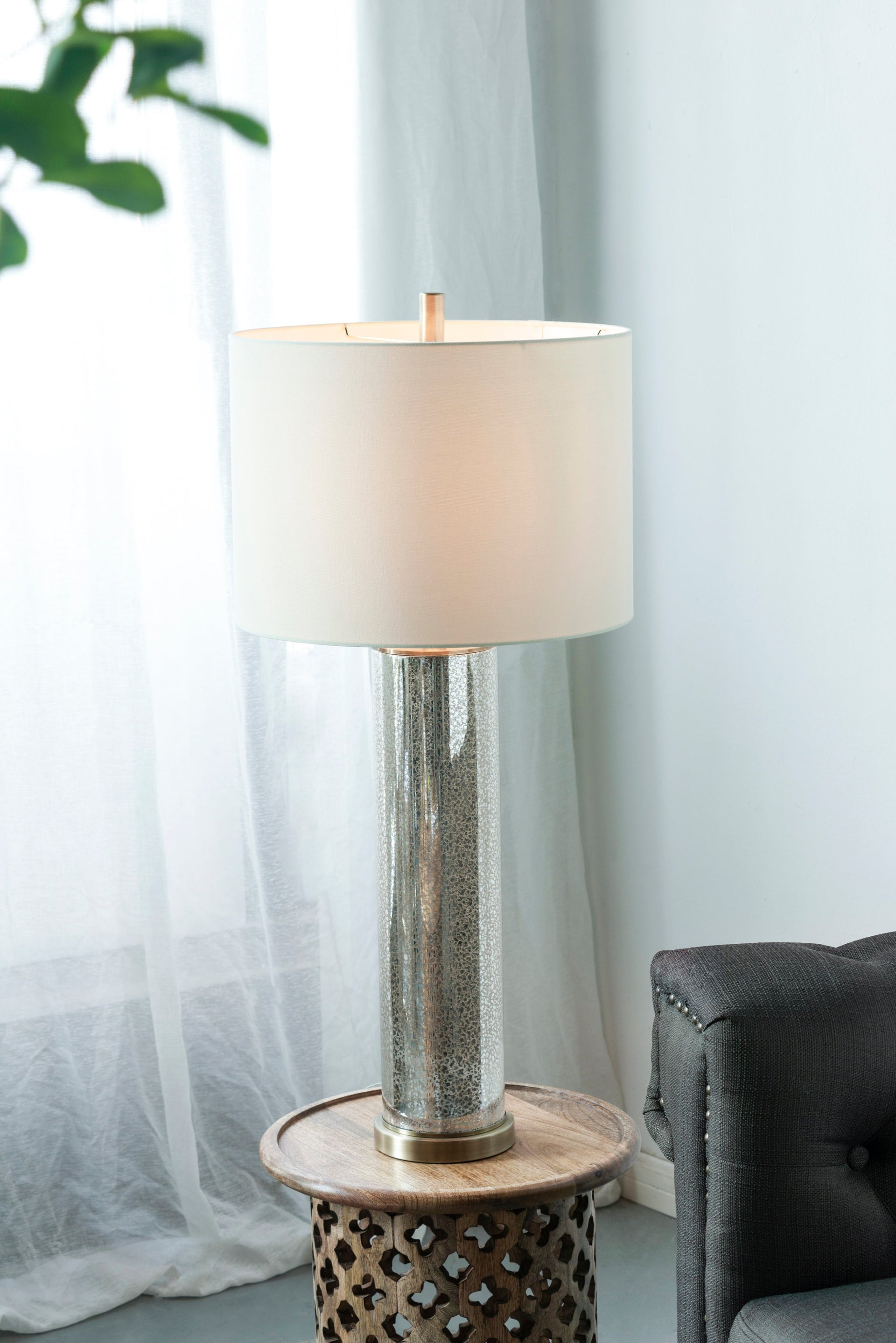 16x16x35' Gold Mirrored Glass Table Lamp with White Fabric Shade
