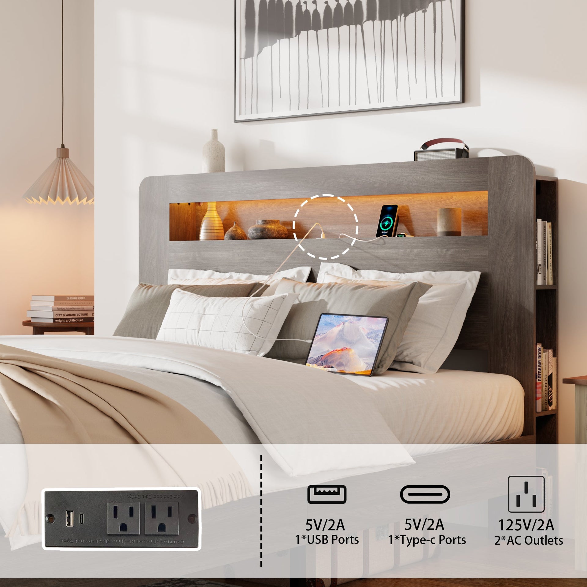 Bed Frame King Size, Wood Platform Bed Frame with Storage LED Light Headboard and 2 USB , Noise Free,No Box Spring Needed and Easy Assembly Tool,Large Under Bed Storage,Dark Grey