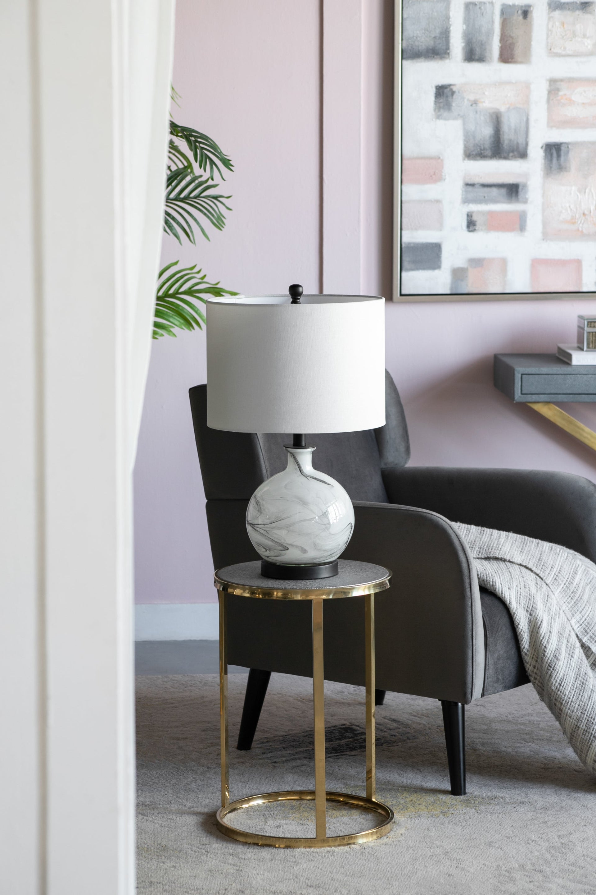 14x14x23' White And Grey Glass Table Lamp