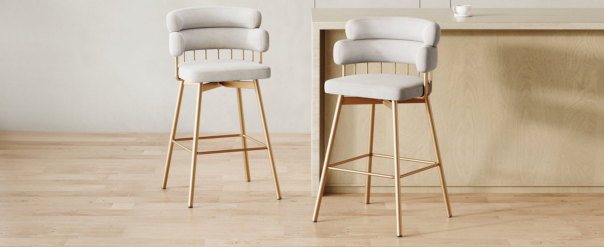 26' Counter Height Bar Stools Set of 2, 180° Swivel Upholstered Barstools with Backs and Metal Legs, Bar Stools for Kitchen Island, Cafe, Pub,