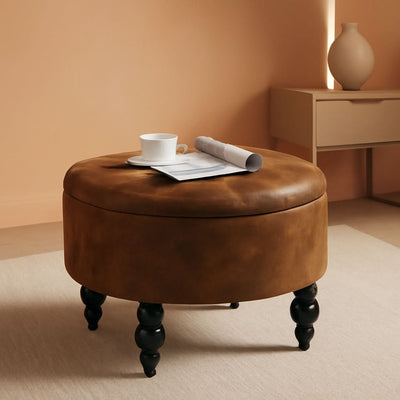 24 Inch Upholstered Storage Ottoman Featuring Tray