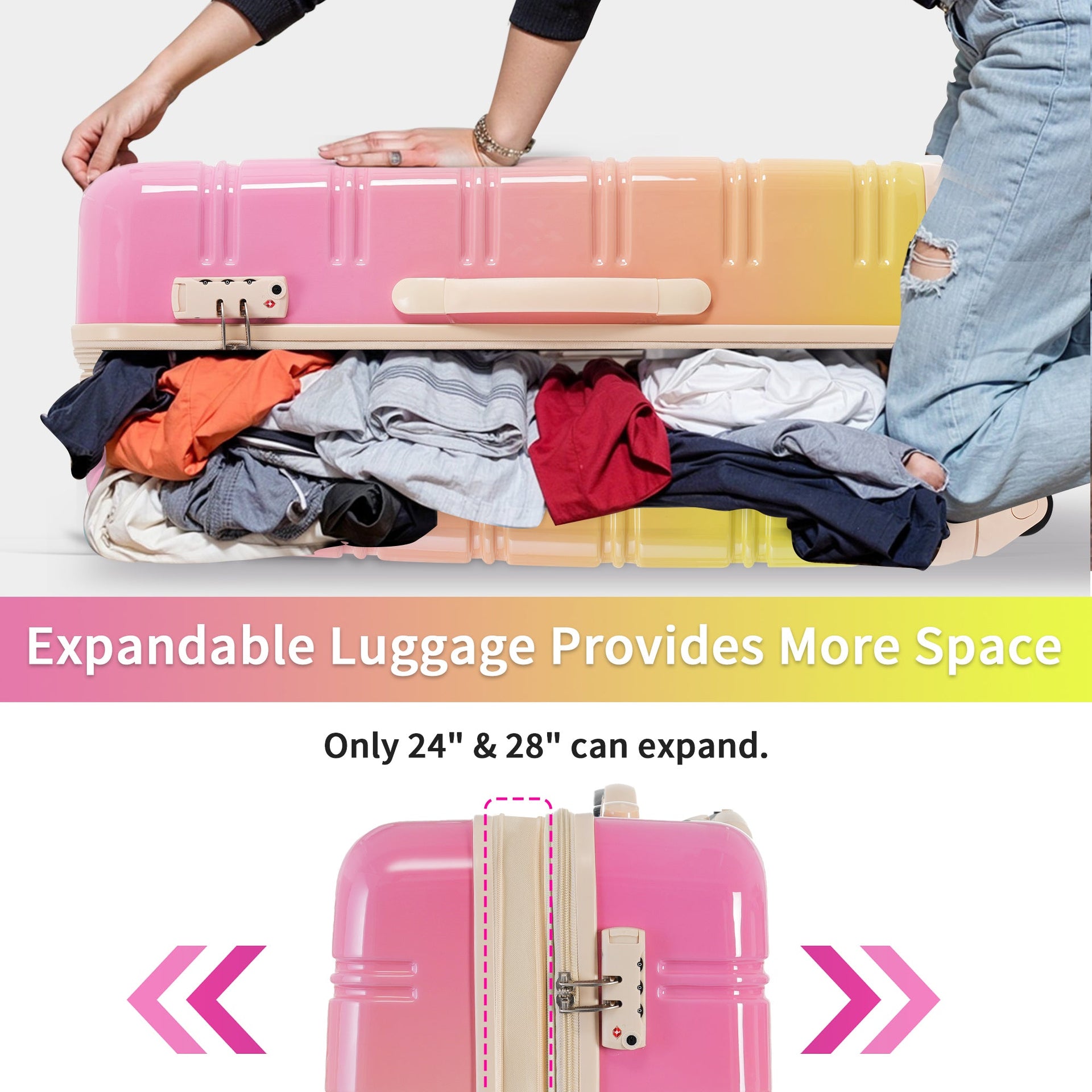 Hardshell Luggage Sets 3 Piece Gradient Color Expandable Suitcase with Spinner Wheels and TSA Lock Lightweight 20' 24' 28' Available,Pink+Green