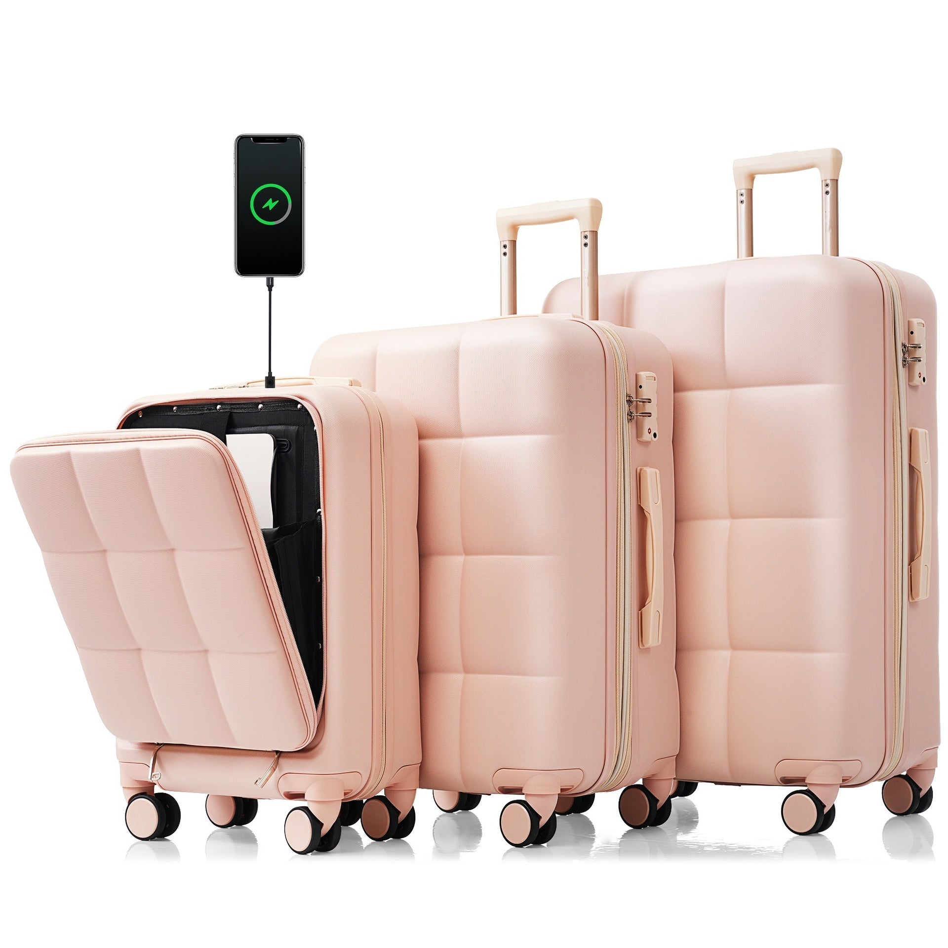 Luggage Sets 3 Piece, 20-inch with USB Port and front opening design, ABS Hard Shell Luggage with Spinner Wheels, Cup Holder, pink