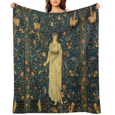 LADY FLORA, GREENERY, FOREST ANIMALS ,PHEASANT BIRDS ,RABBITS Blue Green Floral Tapestry Easy Care Throw Blanket