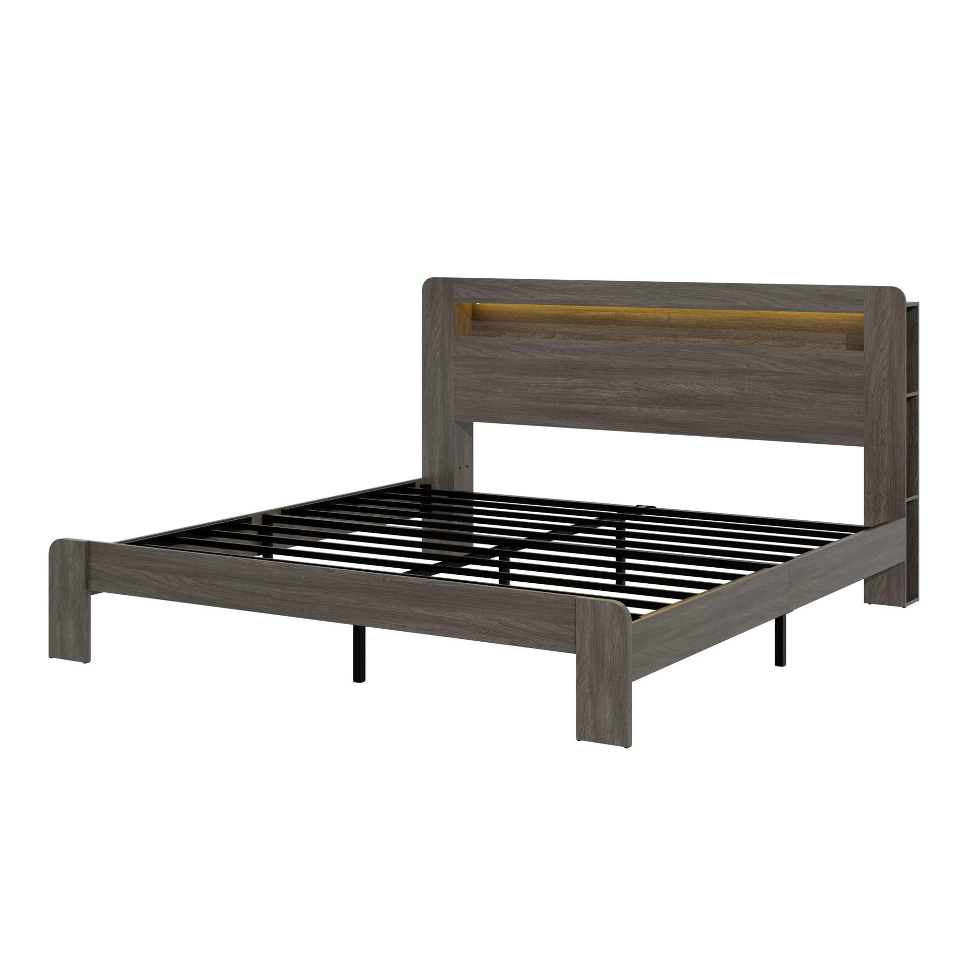 Bed Frame King Size, Wood Platform Bed Frame with Storage LED Light Headboard and 2 USB , Noise Free,No Box Spring Needed and Easy Assembly Tool,Large Under Bed Storage,Dark Grey