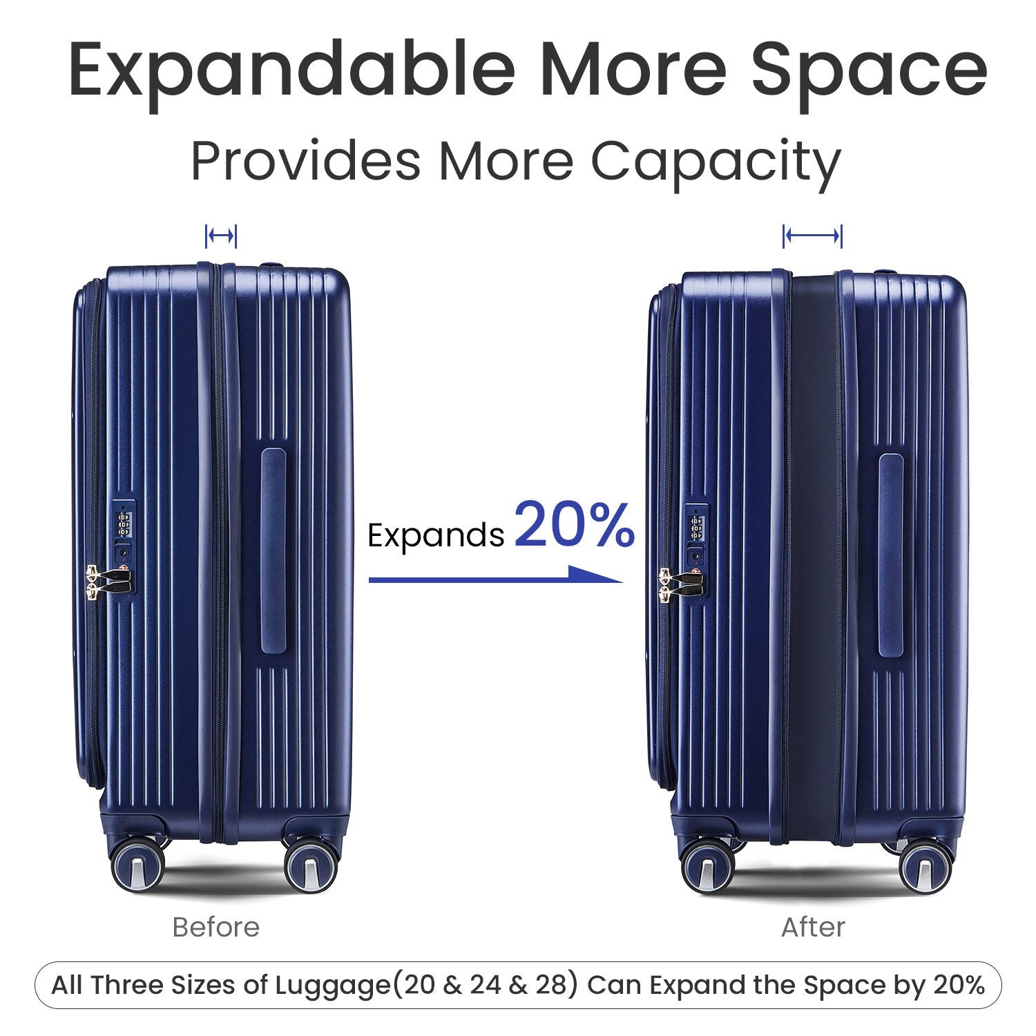 Luggage Sets 3 Piece(20/24/28), Expandable Carry On Luggage with TSA Lock Airline Approved, 100% PC Hard Shell and Lightweight Suitcase with Front Pocket and Spinner Wheels