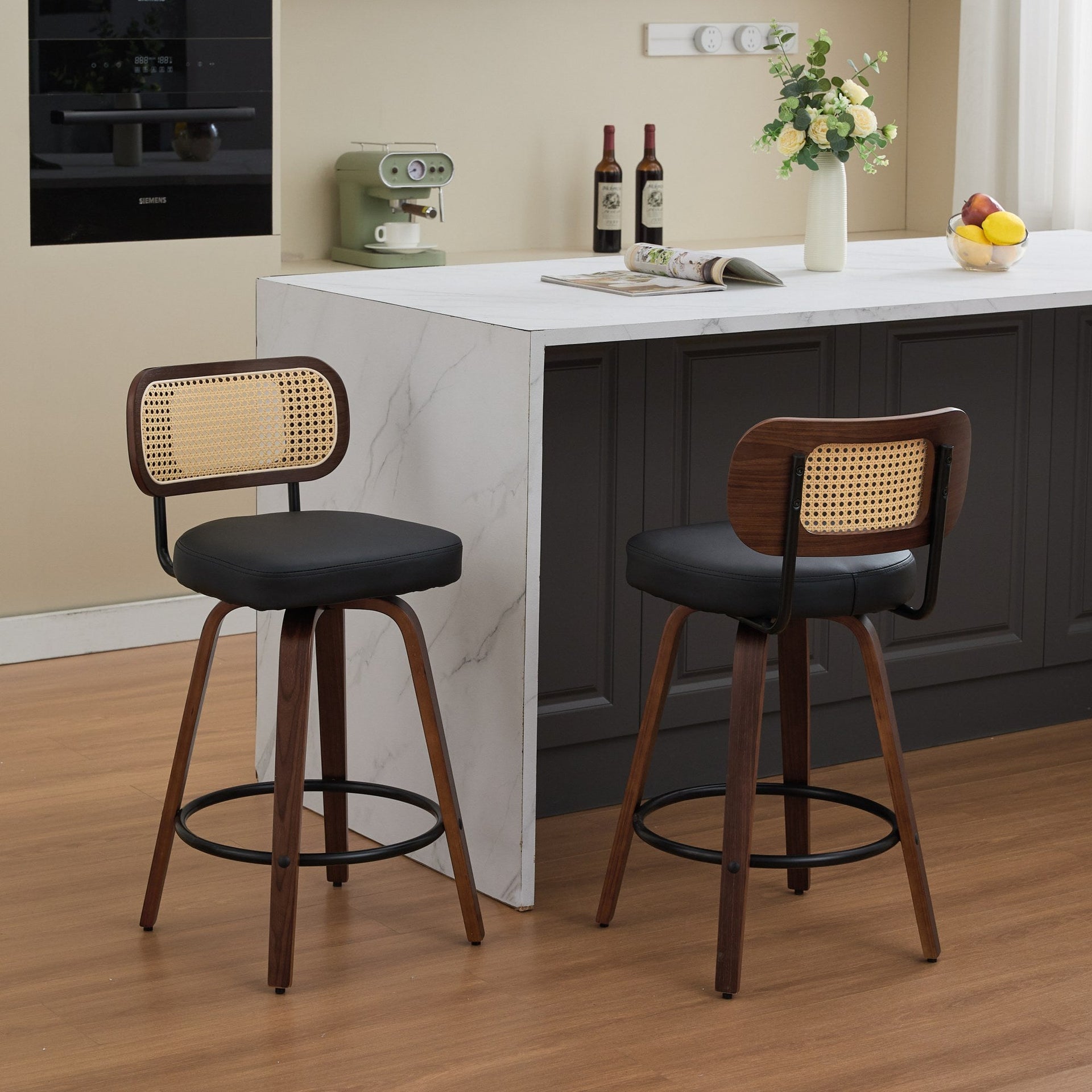 Set of 2 Counter Height Bar Stools - 26 inch Rattan Counter Height Stools with Cane Back, Upholstered Seat, Walnut Craftsmanship, Swivel Counter Stools for Island/Kitchen/Counter/Bar (Walnut Black)