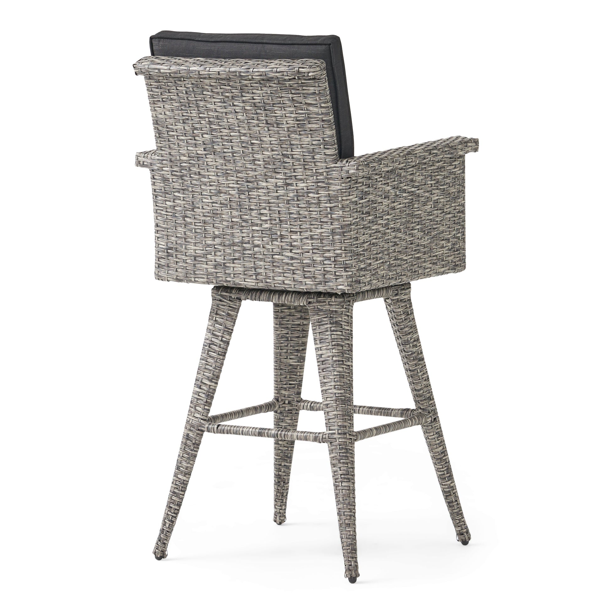 30' Outdoor PE Rattan Swivel Barstool with Water Resistant Cushion, Mixed Black Wicker, Dark Grey Cushion