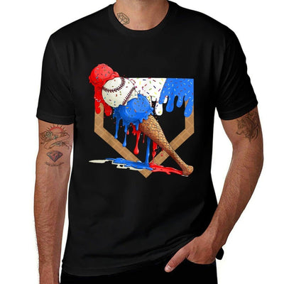 4th of July Red White And Blue Baseball Ice Cream Drip Boys Oversized Silhouette T-Shirt
