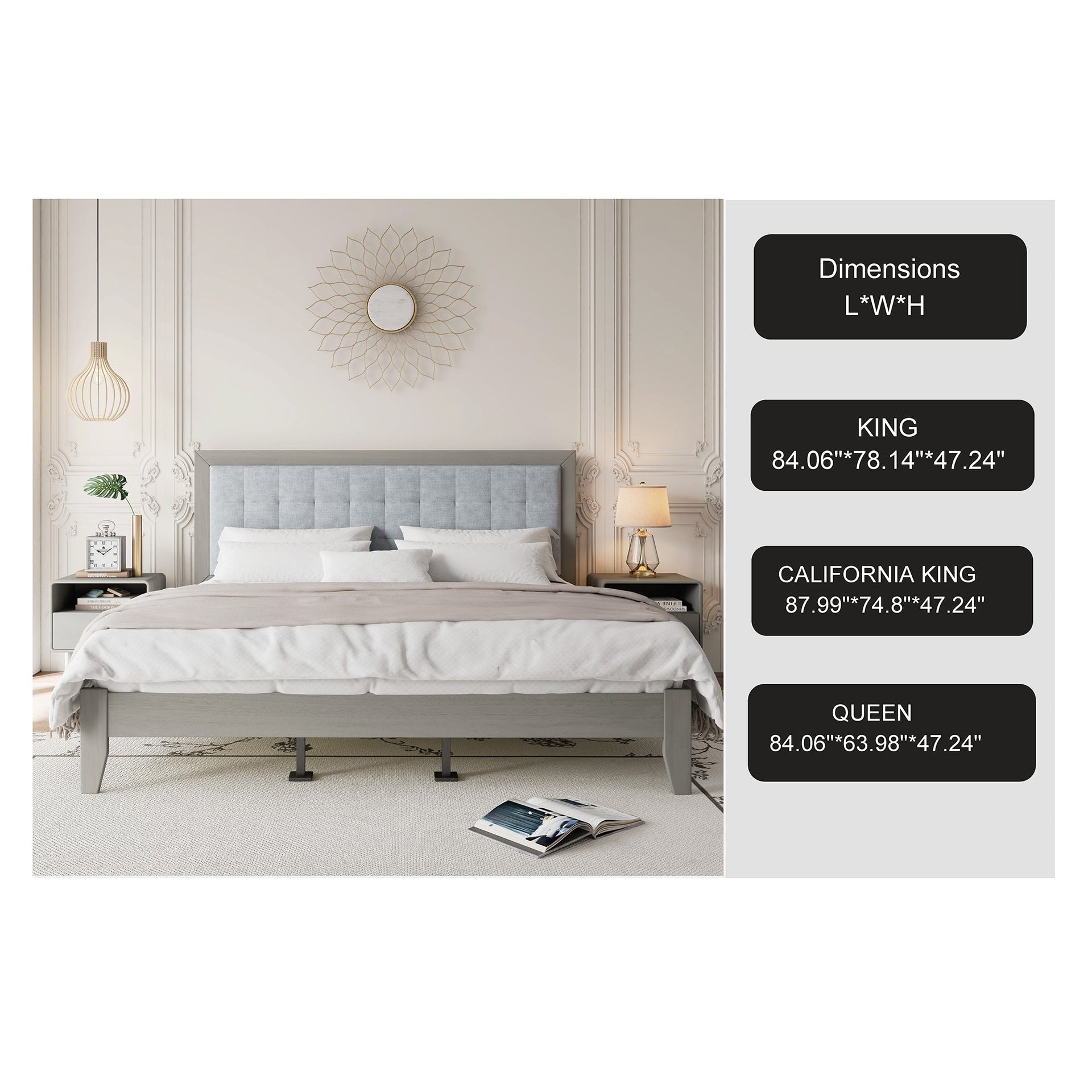 Mid-Century Solid Wood Platform Bed with Upholstered Headboard in Grey Fabric, King Size
