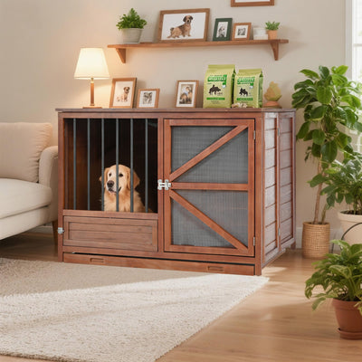 Solid Wood Foldable Dog Crate Furniture with 360° Rotating Feeder and Removable Tray
