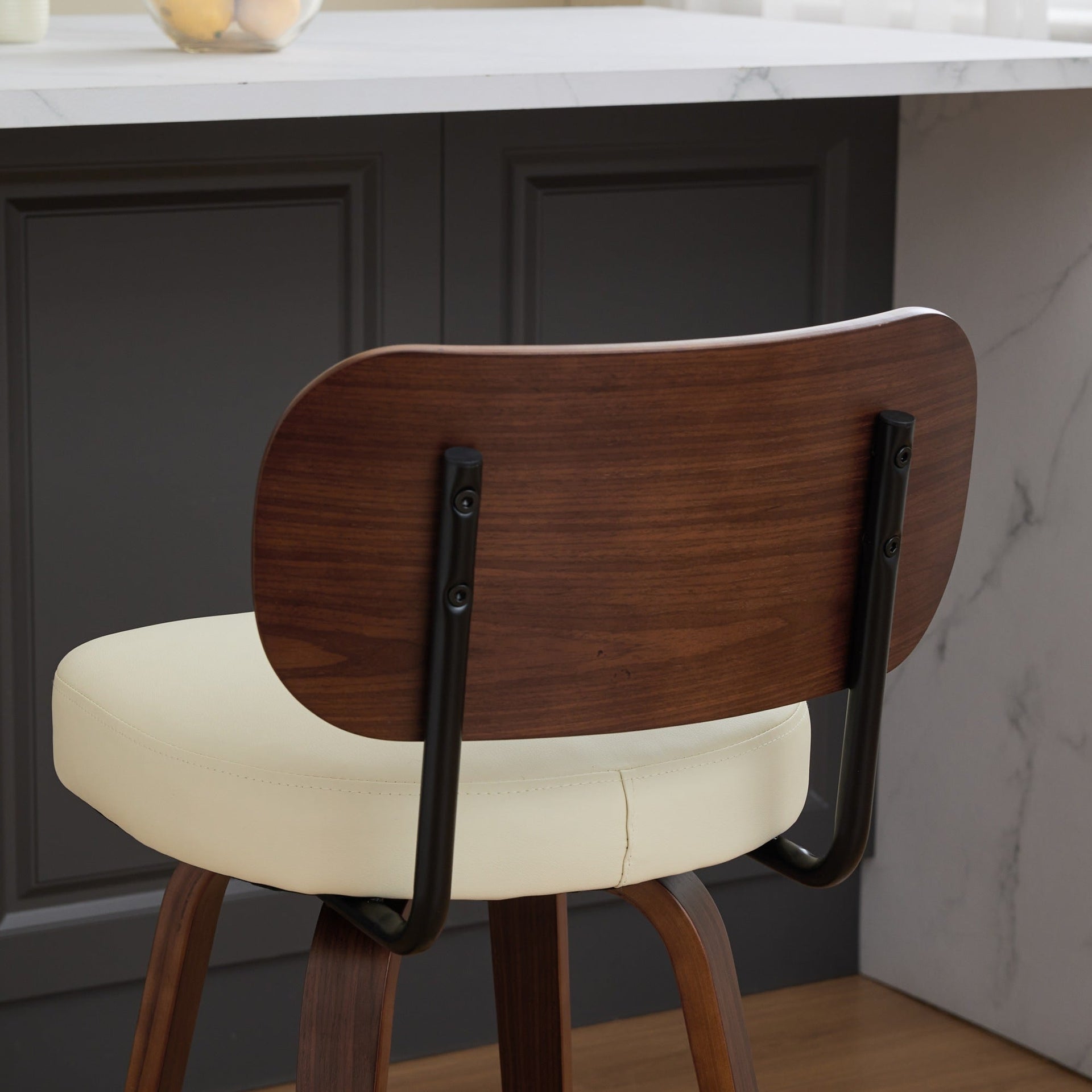 Swivel Bar Stools Set of 2, 26' Upholstered Faux Leather Counter Height Barstools with Walnut Back & Bentwood Legs, Mid Century Modern Bar Chairs Island Stools for Kitchen Counter, Beige PU, SW1864BG