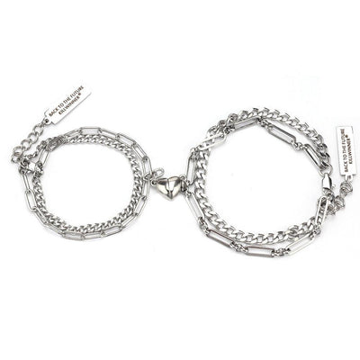 2pcs/Set Stainless Steel Double Chain Vintage Couple Bracelet Heart Magnet Attractive Magnetic Bracelet Oval Chain Paperclip Chain Double Layer Love Heart Magnet Bangle Bracelets Hypoallergenic Engraved Adjustable Couple Bracelet Set Gifts For Women Men