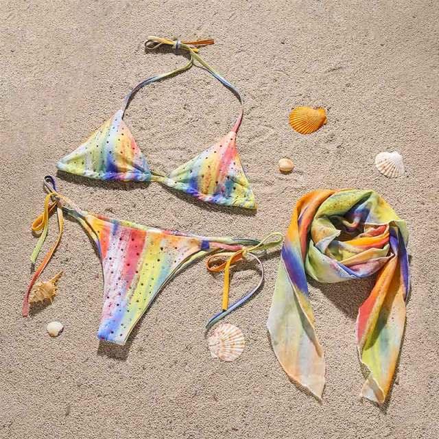 3 Piece Women Bikini Modern Swimsuit Women High Cut Suit Halter Swimwear Women's Bikini Swimsuits With Wrap Skirt Lace Up Pieces Strings High Cut Bikini Set Bathing Suits Female Triangle Backless Bathing Suit