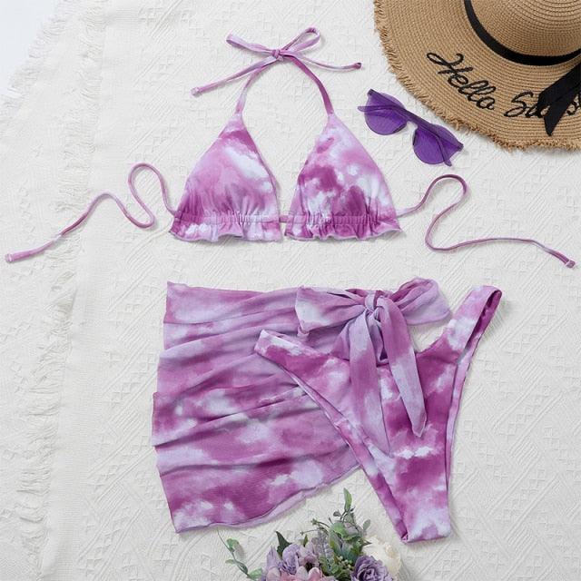 3 Piece Women Bikini Modern Swimsuit Women High Cut Suit Halter Swimwear Women's Bikini Swimsuits With Wrap Skirt Lace Up Pieces Strings High Cut Bikini Set Bathing Suits Female Triangle Backless Bathing Suit