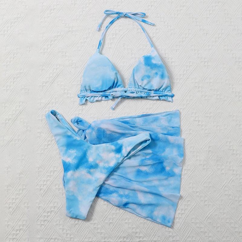 3 Piece Women Bikini Modern Swimsuit Women High Cut Suit Halter Swimwear Women's Bikini Swimsuits With Wrap Skirt Lace Up Pieces Strings High Cut Bikini Set Bathing Suits Female Triangle Backless Bathing Suit