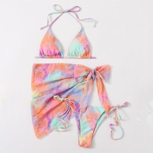 3 Piece Women Bikini Modern Swimsuit Women High Cut Suit Halter Swimwear Women's Bikini Swimsuits With Wrap Skirt Lace Up Pieces Strings High Cut Bikini Set Bathing Suits Female Triangle Backless Bathing Suit