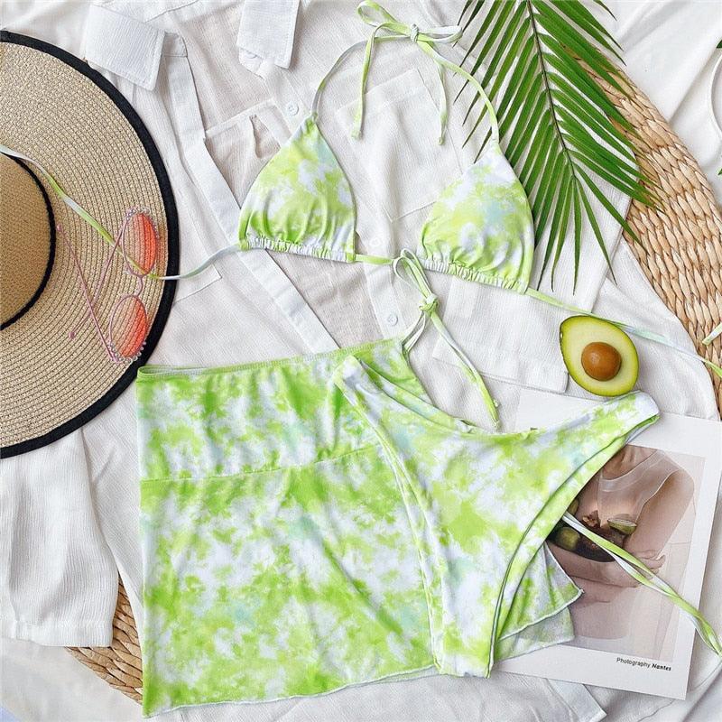 3 Piece Women Bikini Modern Swimsuit Women High Cut Suit Halter Swimwear Women's Bikini Swimsuits With Wrap Skirt Lace Up Pieces Strings High Cut Bikini Set Bathing Suits Female Triangle Backless Bathing Suit