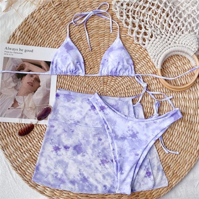 3 Piece Women Bikini Modern Swimsuit Women High Cut Suit Halter Swimwear Women's Bikini Swimsuits With Wrap Skirt Lace Up Pieces Strings High Cut Bikini Set Bathing Suits Female Triangle Backless Bathing Suit