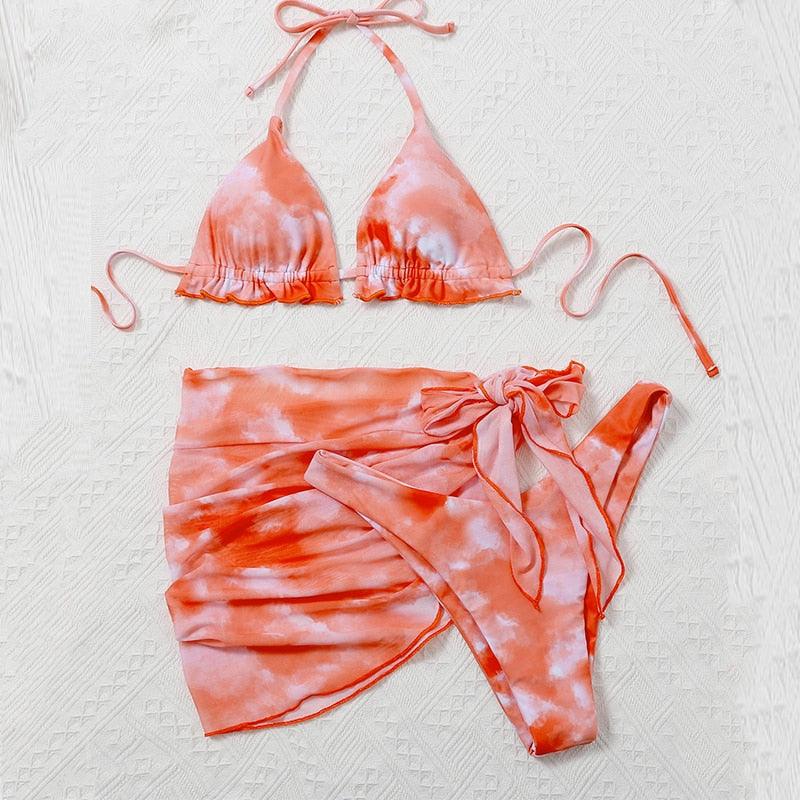 3 Piece Women Bikini Modern Swimsuit Women High Cut Suit Halter Swimwear Women's Bikini Swimsuits With Wrap Skirt Lace Up Pieces Strings High Cut Bikini Set Bathing Suits Female Triangle Backless Bathing Suit